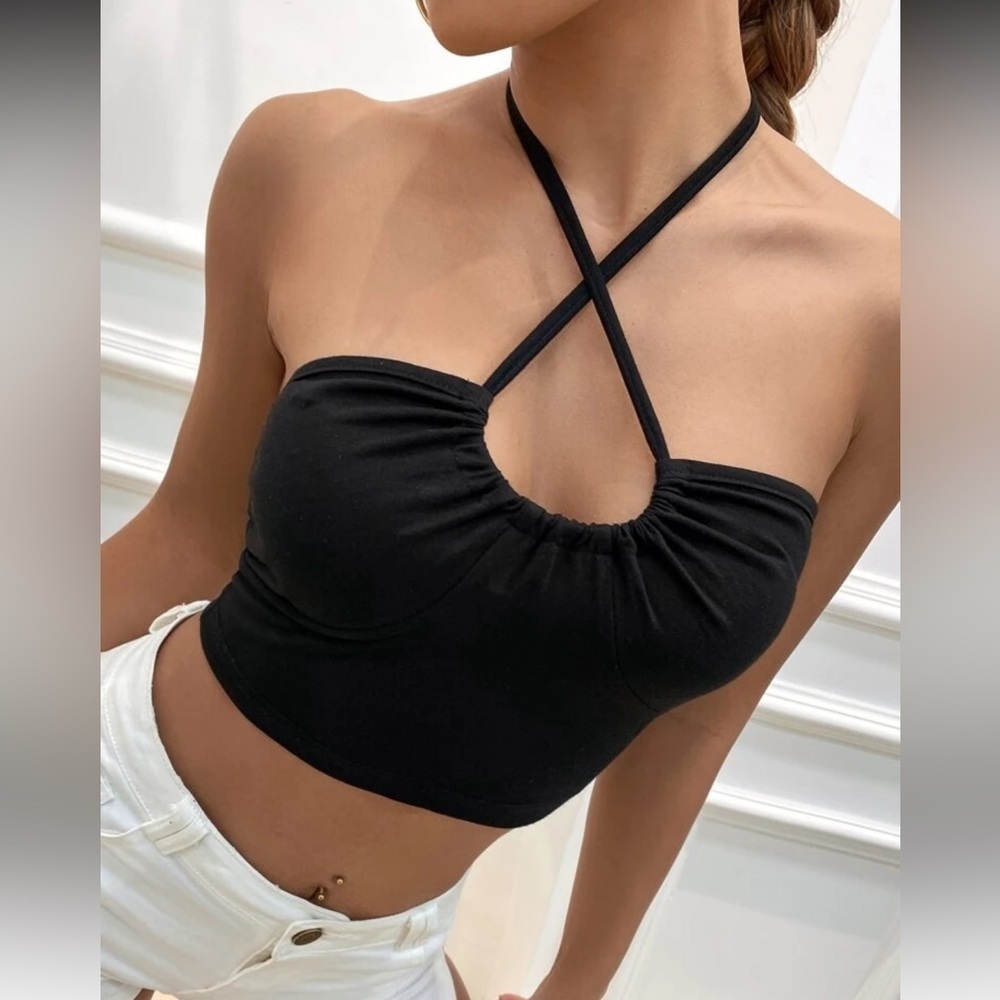 New Black Halter Neck Crop Top